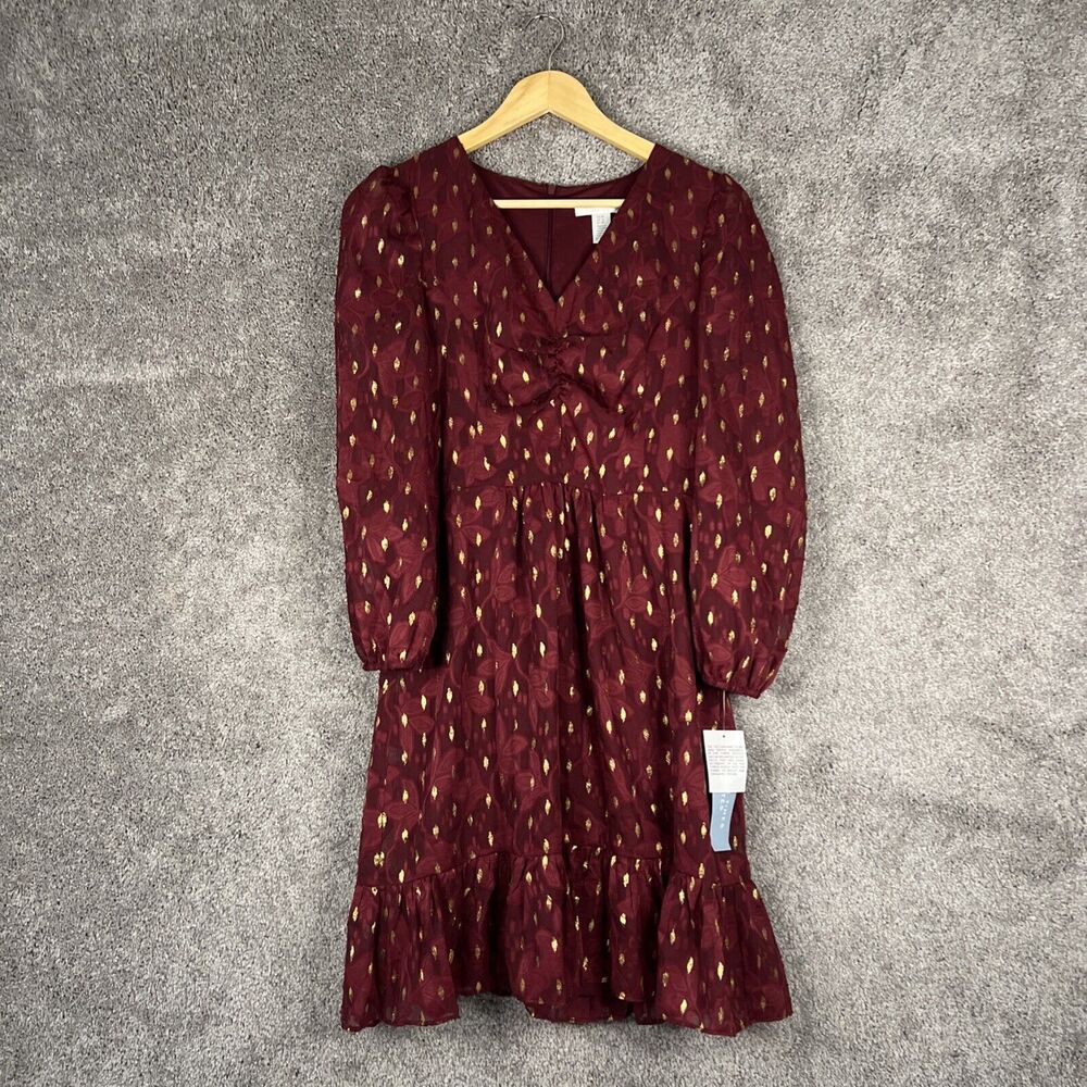 London Times Dress Womens 8P Maroon Red Geo Print  3/4 Sleeves Lined Stitch Fix